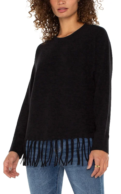 Liverpool Long Sleeve Seamless Dolman Sweater w/ Fringe (Black) Real Fur Shearling Chenille