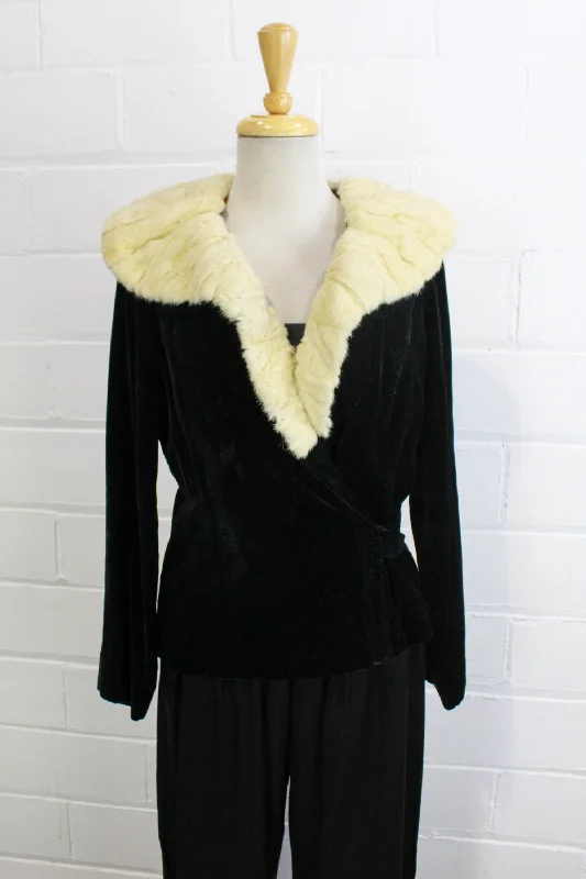 Vintage 1930s Black Velvet Jacket with Fur Collar, Small Wool Fabric Cashmere Fabric Tweed Fabric Vintage 1930s Black Velvet Jacket with Fur Collar, Small Wool Fabric Cashmere Fabric Tweed Fabric
