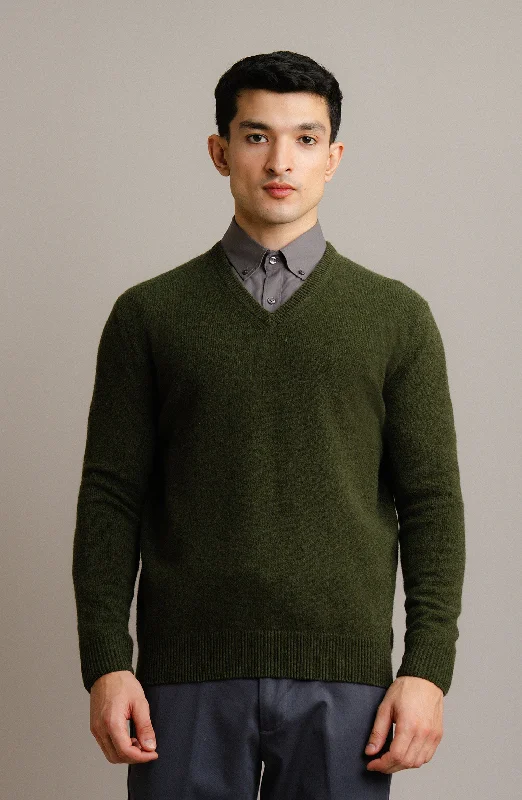 V-Neck Plain Sweater-F/S-Olive Wool Fabric Cashmere Fabric Tweed Fabric