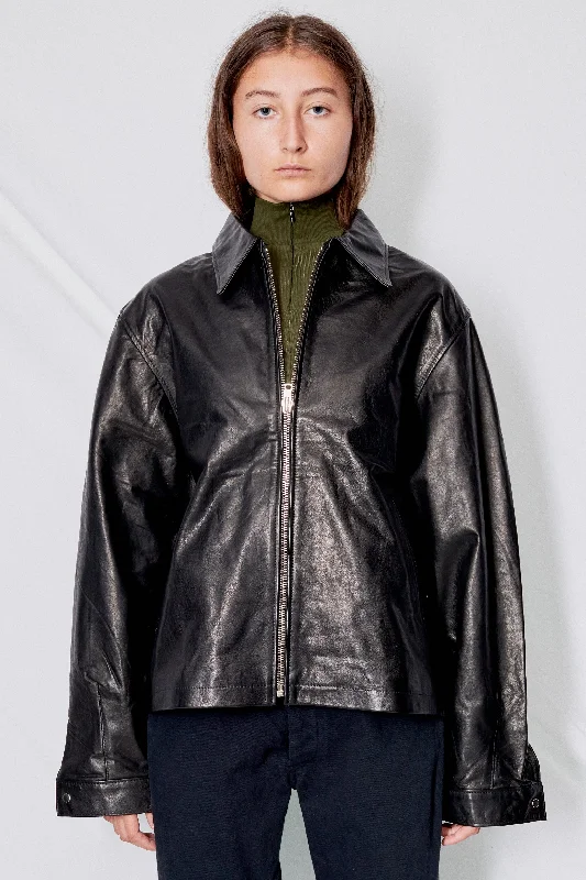 Black Leather Zip Jacket Appliqued Jacket Beaded Jacket Sequined Jacket