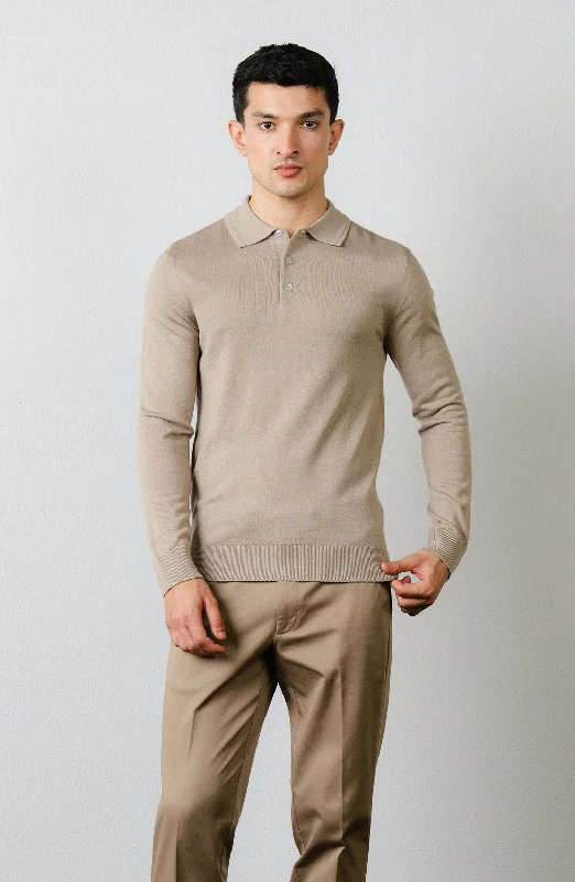 Wool Blend Polo Sweater - F/S - Light Brown Knit Fabric Woven Fabric Fleece Fabric