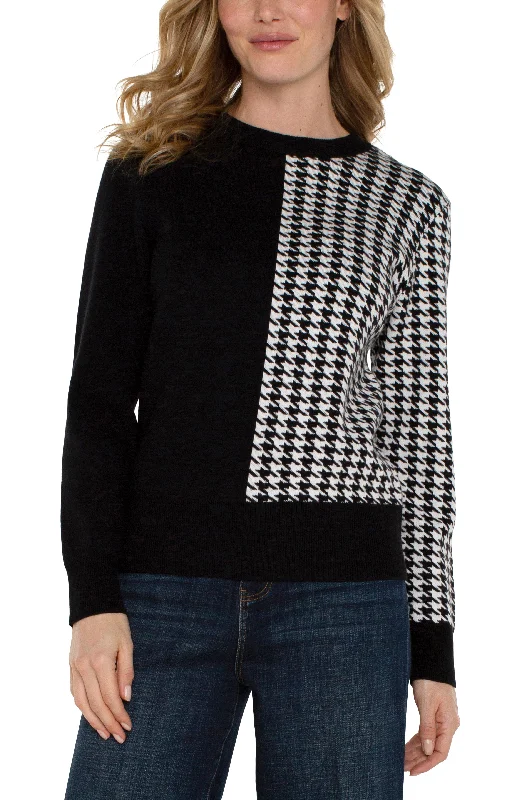 Liverpool Long Sleeve Crew Neck Blocked Sweater (Black/White Houndstooth) Plaid Sweater Polka Dot Checkered Liverpool Long Sleeve Crew Neck Blocked Sweater (Black/White Houndstooth) Plaid Sweater Polka Dot Checkered
