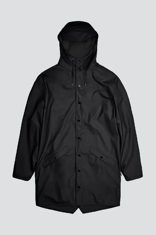 Black Hooded Rain Long Jacket Welt Pockets Slit Pockets Flap Pockets