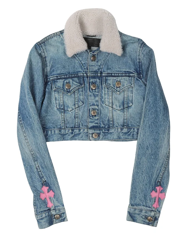 Cropped Shearling Denim Cross Patch Jacket Embroidered Jacket Appliqued Jacket Beaded Jacket