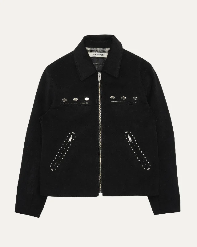Faux Suede Studded Jacket Front Pockets Side Pockets Patch Pockets