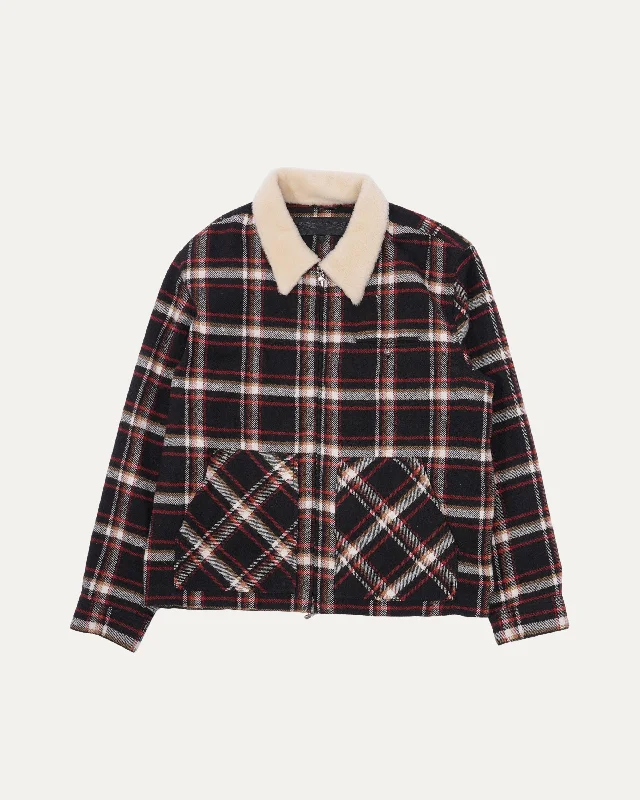Flannel Shearling Collar Zip Up Jacket Print Jacket Jacquard Jacket Embroidered Jacket