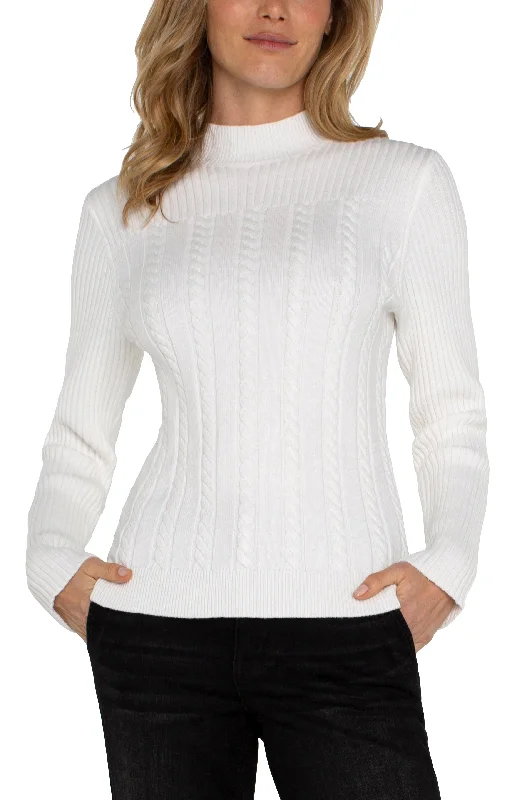 Liverpool Long Sleeve Mock Neck Cable Sweater (Porcelain) Slim Fit Regular Fit Oversized