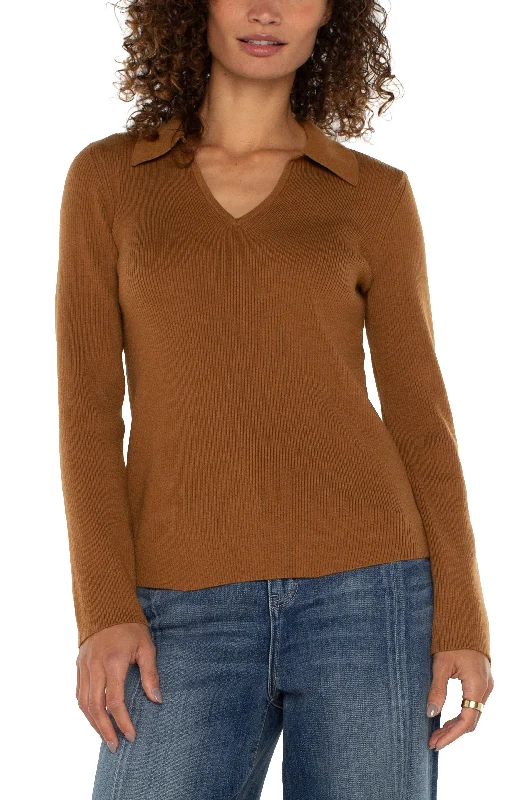 Liverpool Long Sleeve V Neck Collared Sweater (Tumeric) Stylish Fashionable Trendy