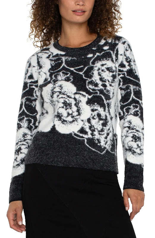 Liverpool Long Sleeve Crew Neck Sweater (Black/White Floral) Graphic Sweater Embroidered Appliqued Liverpool Long Sleeve Crew Neck Sweater (Black/White Floral) Graphic Sweater Embroidered Appliqued