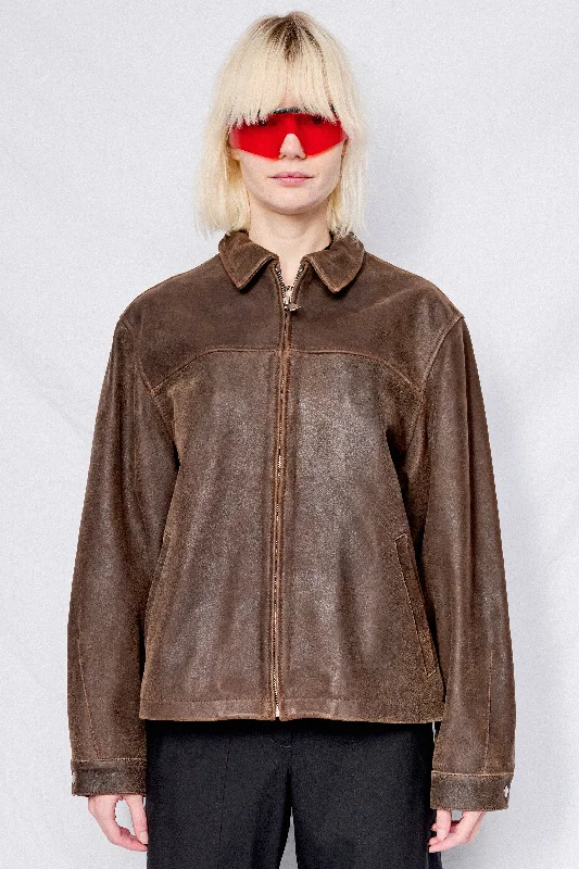 Brown Cracked Leather Zip Jacket Chenille Jacket Brocade Jacket Lace Jacket