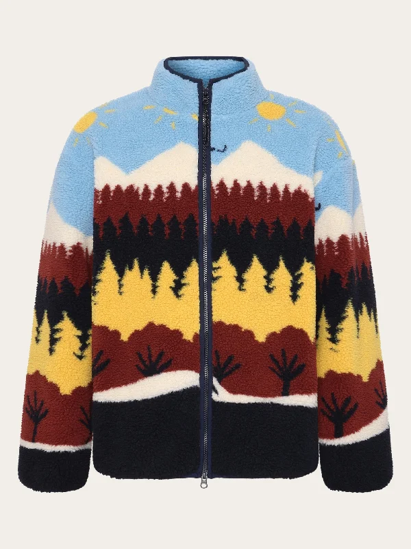 Loose Fair Isle teddy jacket - GRS/Vegan - Multi color AOP One-Shoulder Jacket Off-the-Shoulder Jacket Asymmetrical Jacket Loose Fair Isle teddy jacket - GRS/Vegan - Multi color AOP One-Shoulder Jacket Off-the-Shoulder Jacket Asymmetrical Jacket