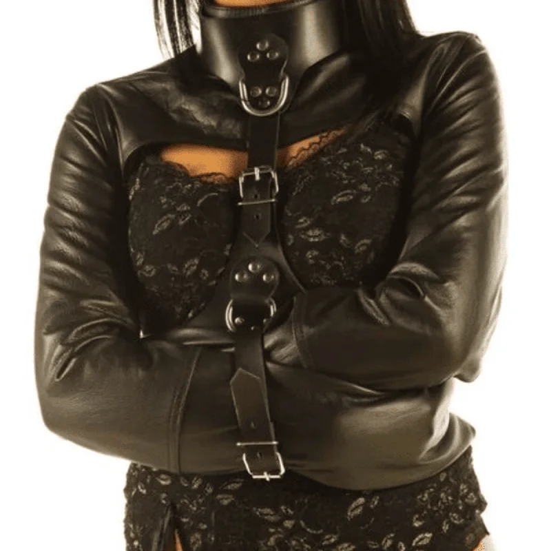 Black Leather Woman Straight Jacket Welt Pockets Slit Pockets Flap Pockets