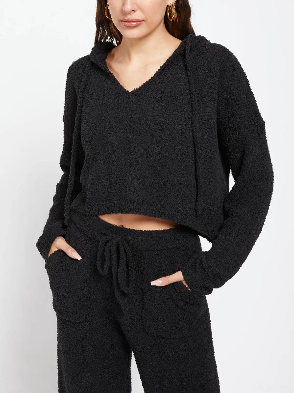 Notched Hooded Sweater Real Fur Shearling Chenille