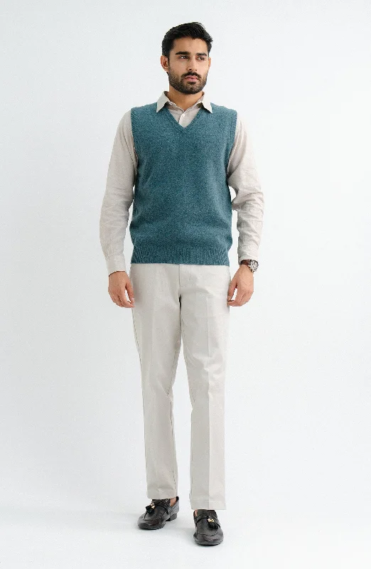 V-Neck Plain Sweater Sleeve-Less - Blue Denim Fabric Leather Fabric Suede Fabric
