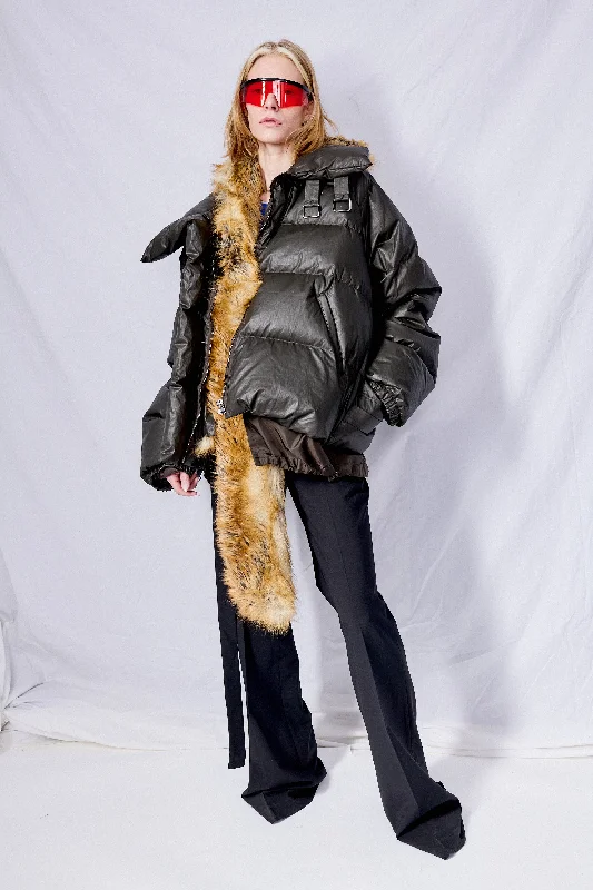 Brown Deconstructed Double Zip Puffer Jacket Satin Fabric Silk Fabric Chiffon Fabric Brown Deconstructed Double Zip Puffer Jacket Satin Fabric Silk Fabric Chiffon Fabric