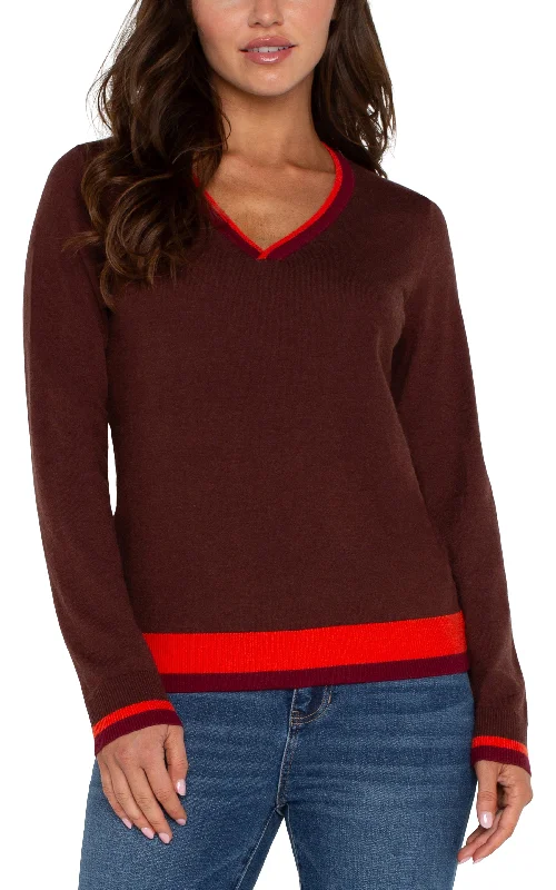 Liverpool Long Sleeve V Neck Colorblock Sweater (Retro Brown Multi) Stretchy Elastic Breathable Liverpool Long Sleeve V Neck Colorblock Sweater (Retro Brown Multi) Stretchy Elastic Breathable