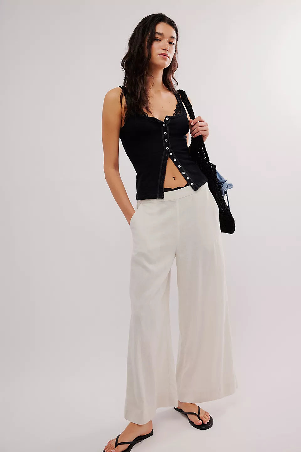 Free People End Game Pointelle Tank - BLACK coral tank top