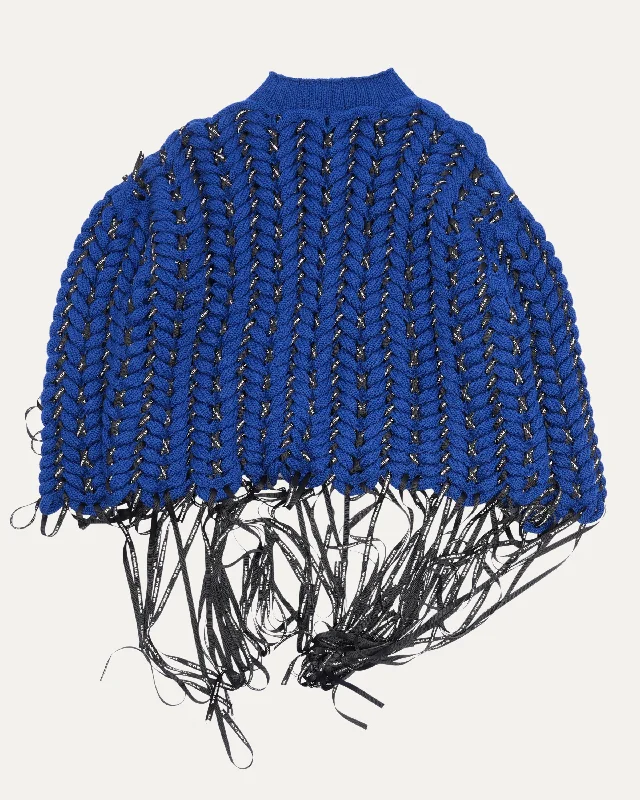 Blue Hand Knit Braided Cable Logo Ribbon Sweater Welt Pockets Slit Pockets Flap Pockets