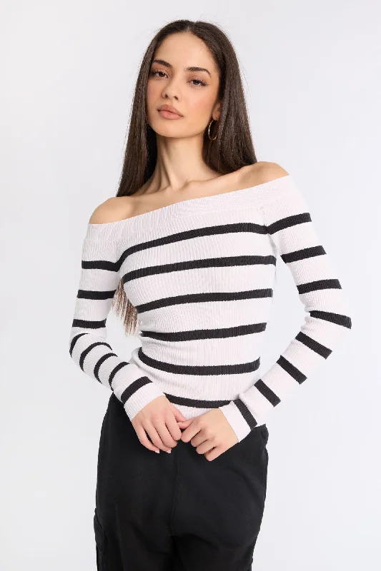 Ribbed Slim Off-Shoulder Sweater High Neck Crew Neck V-Neck
