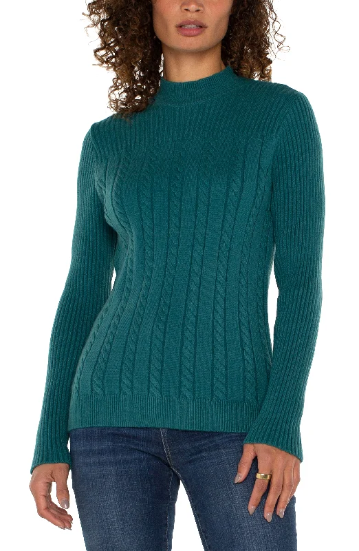 Liverpool Long Sleeve Mock Neck Cable Sweater (Malachite) Open Front Closed Front Wrap Front