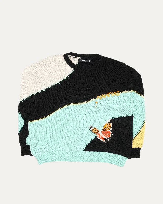 Butterfly Intarsia Crewneck Sweater Machine Wash Dry Clean Hand Wash