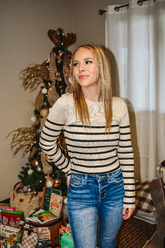 Sweet As You Oatmeal Striped Sweater Beaded Sweater Sequined Faux Fur