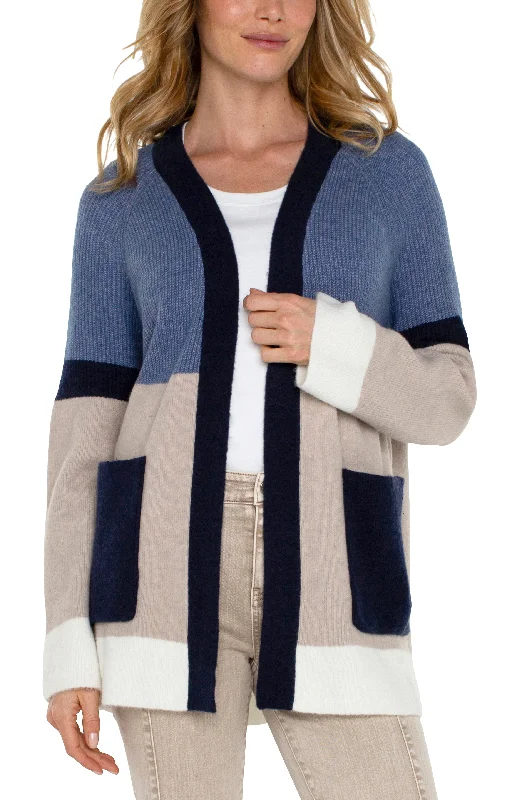 Liverpool Long Sleeve Open Front Color Block Sweater (Lapis Oatmeal) Machine Wash Dry Clean Hand Wash Liverpool Long Sleeve Open Front Color Block Sweater (Lapis Oatmeal) Machine Wash Dry Clean Hand Wash