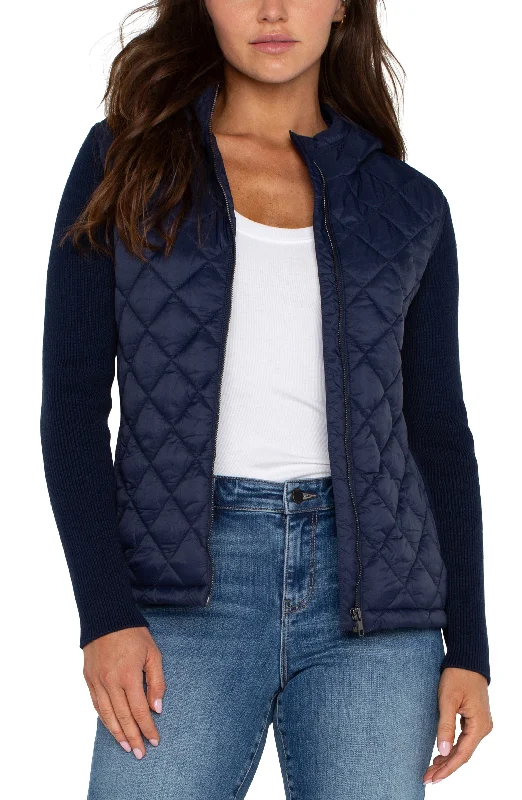 Liverpool Long Sleeve Quilted Front Full Zip Hooded Sweater (Dark Navy) Seamless Knitted Crochet Liverpool Long Sleeve Quilted Front Full Zip Hooded Sweater (Dark Navy) Seamless Knitted Crochet