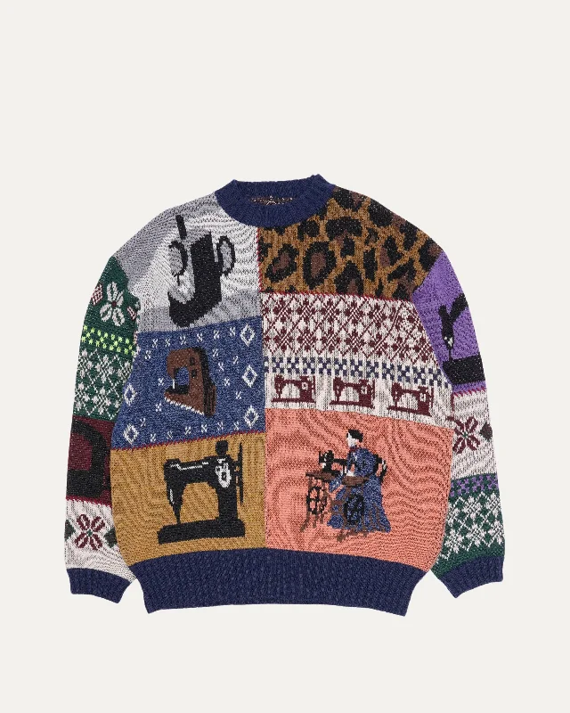 Kurogane Mishin Patchwork Crew Sweater Chenille Brocade Lace