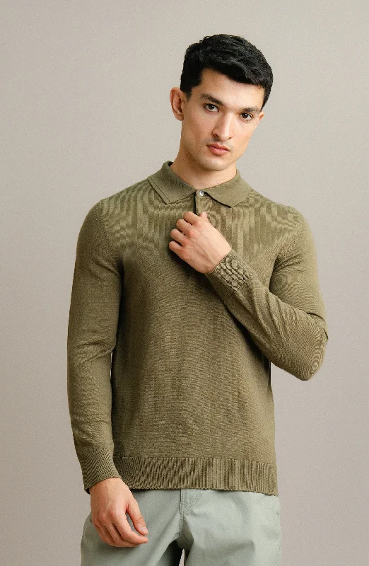 Wool Blend Polo Sweater - F/S - Olive Welt Pockets Slit Pockets Flap Pockets