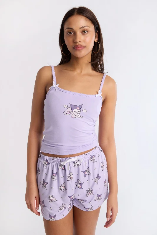 Kuromi Super Soft Pajama Tank Top And Shorts 2-Piece Set off shoulder tank